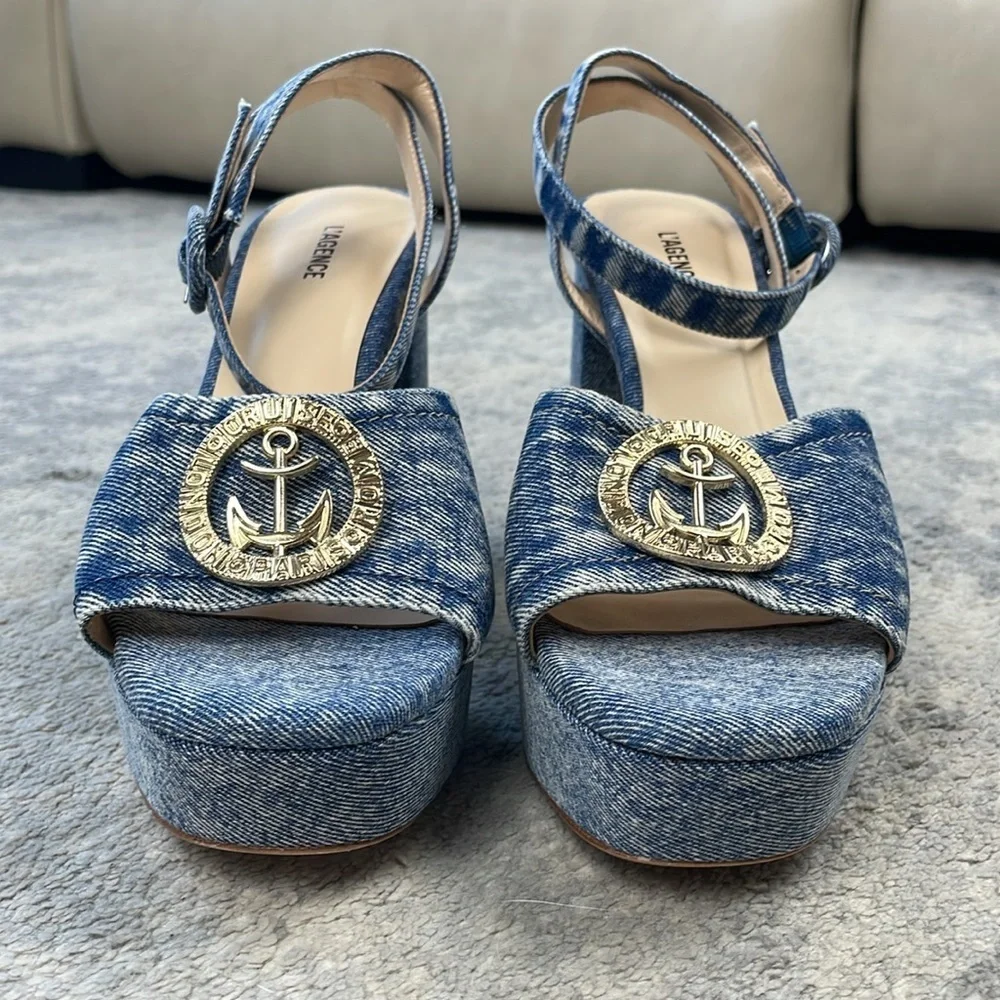 New L’Agence Andree Denim Nautical Anchor Platform Sandal Blue Jean Sz 6